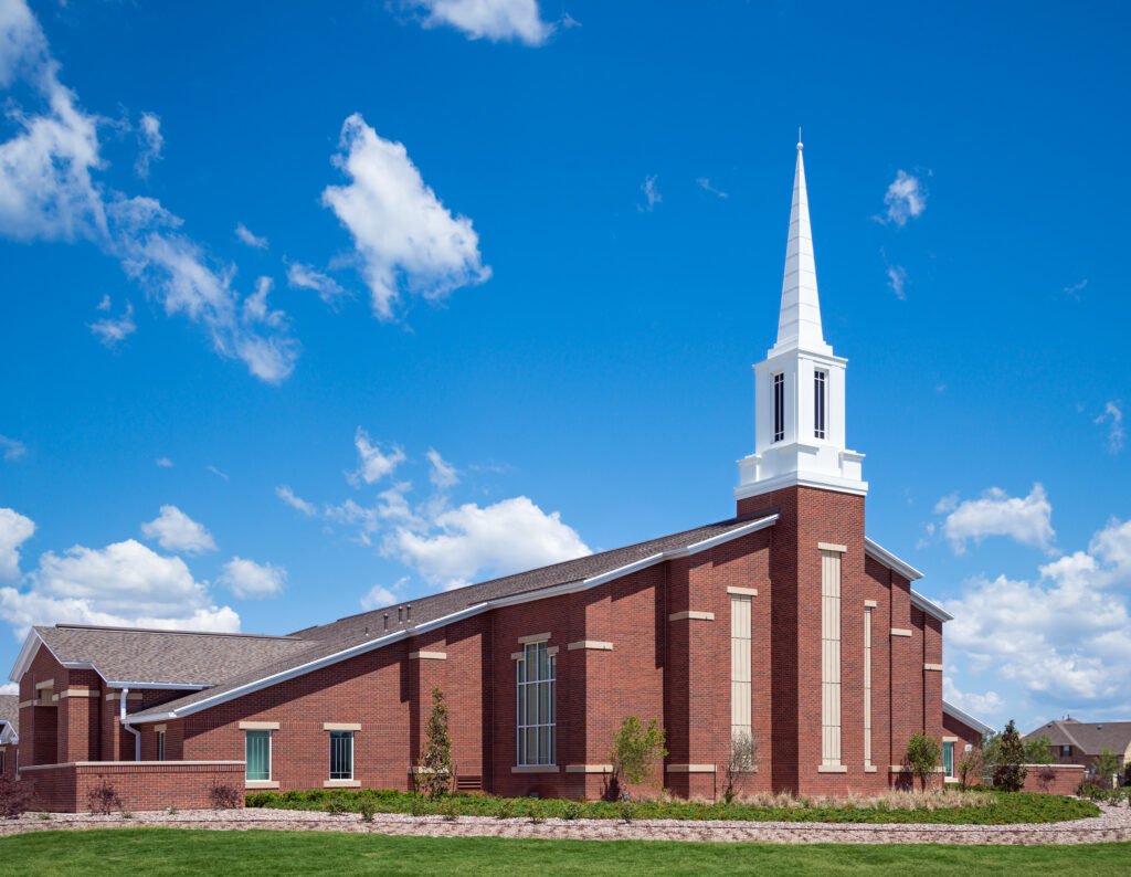 mormon church against blue sky